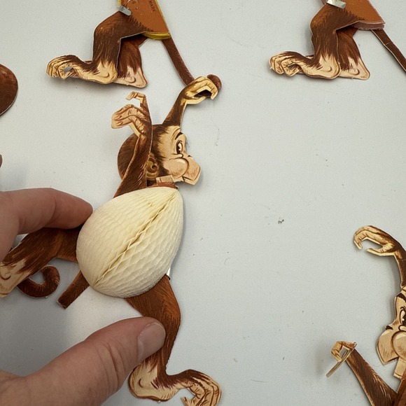 Vintage Lot Paper Monkey Honeycomb Decorations Lot Of 6 Made In Denmark 6" Tall - Picture 6 of 10